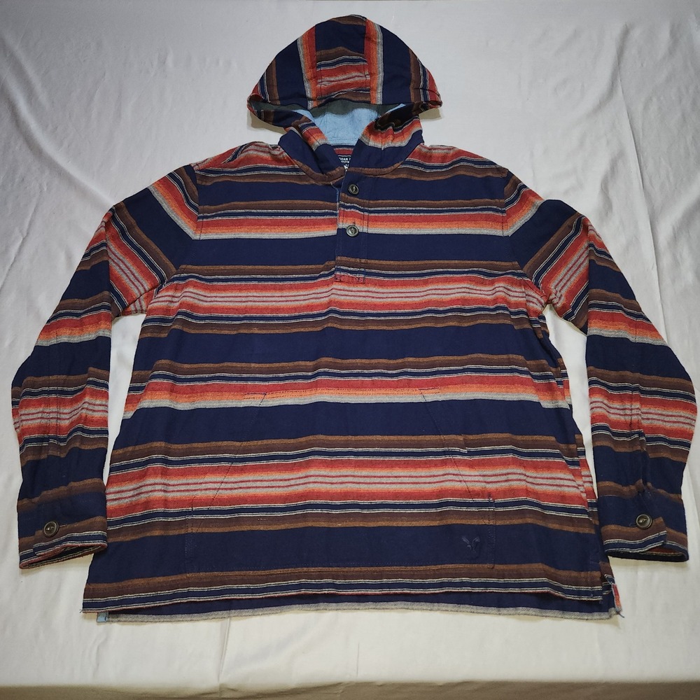 American Eagle Mens XL Striped Hooded Flannel Shirt Henley Hoodie Navy Orange